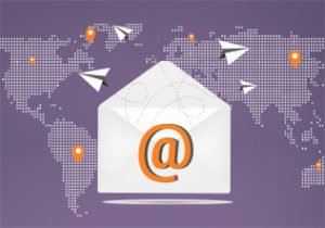 email envelope with at sign and purple world background