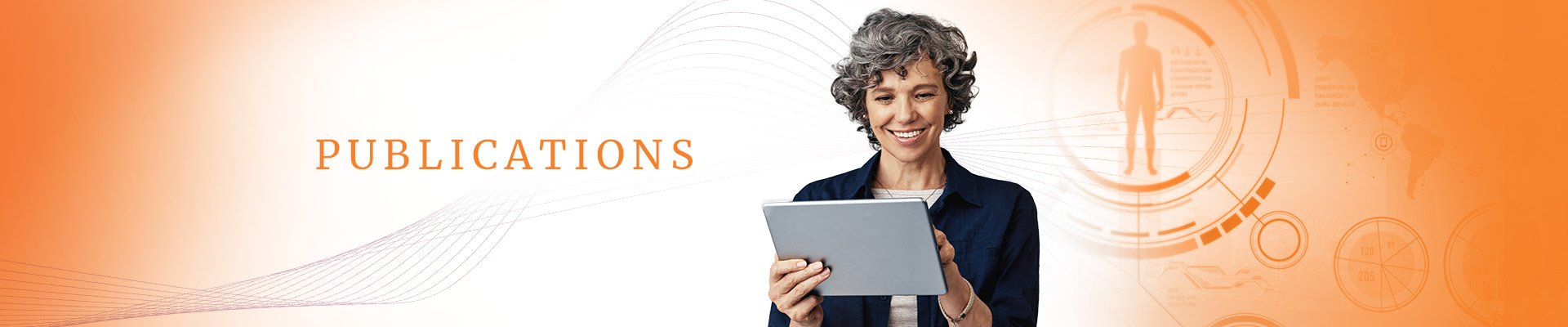 smiling woman looking at tablet on orange background