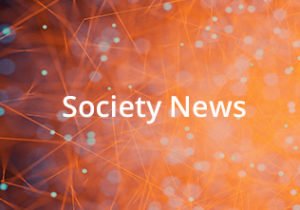 Society News orange and purple abstract design